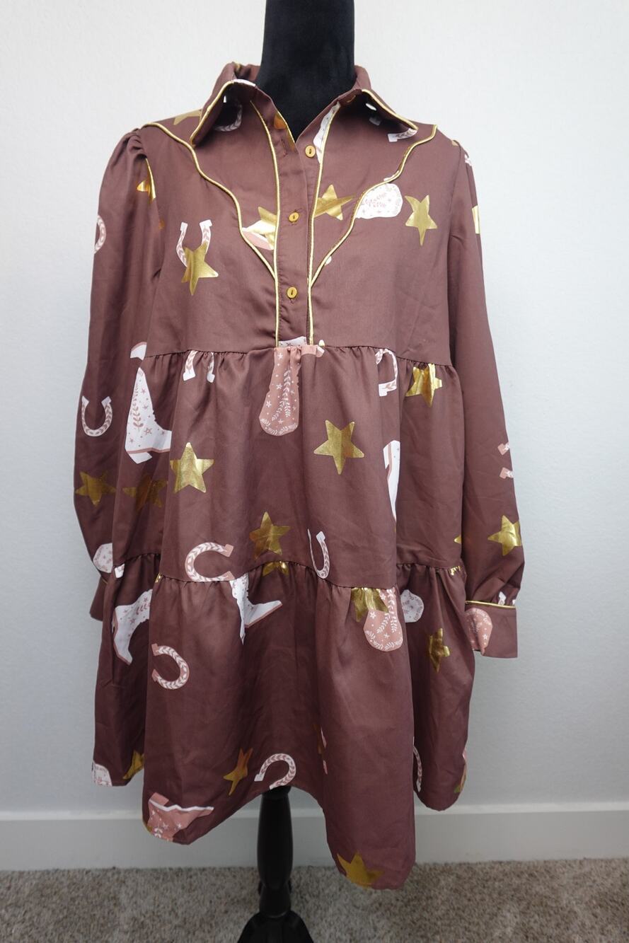 NWT Fantastic Fawn Boots & Stars Brown Long Sleeve Dress size Large